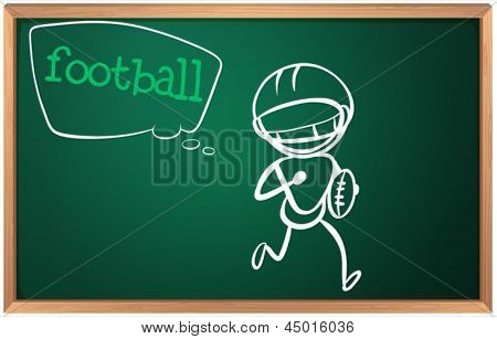 Illustratie van een bord met een tekening van een jongen voetballen op een witte baclground