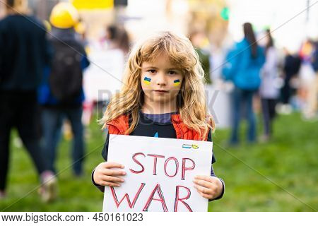 War In Ukraine. Military World Aggression. Young Patriot, Child Activist. Russian Geopolitics And Cr