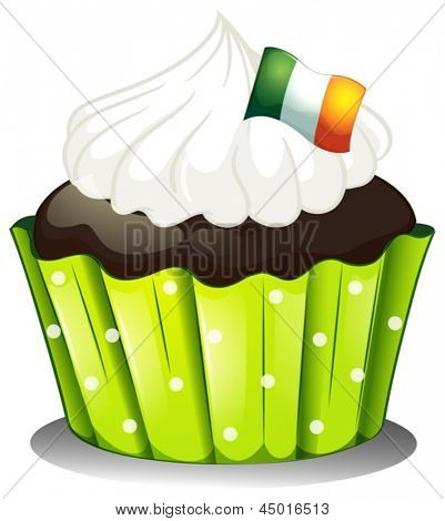 Ilustración de un cupcake de chocolate grande con la bandera de Irlanda sobre un fondo blanco