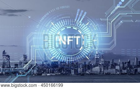 Non-fungible Token Hologram On Virtual Digital Screen, Nft With Network Circuit And New York City Sk