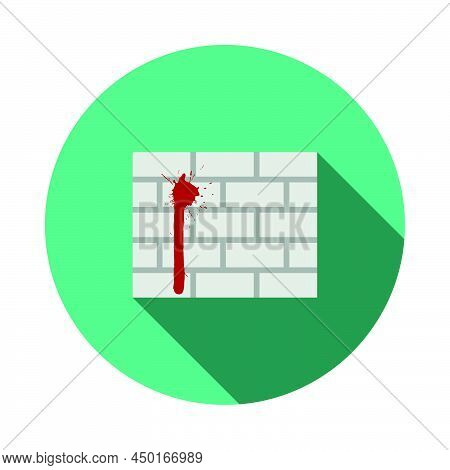Blood On Brick Wall Icon. Flat Circle Stencil Design With Long Shadow. Vector Illustration.