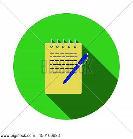 Notebook With Pen Icon. Flat Circle Stencil Design With Long Shadow. Vector Illustration.