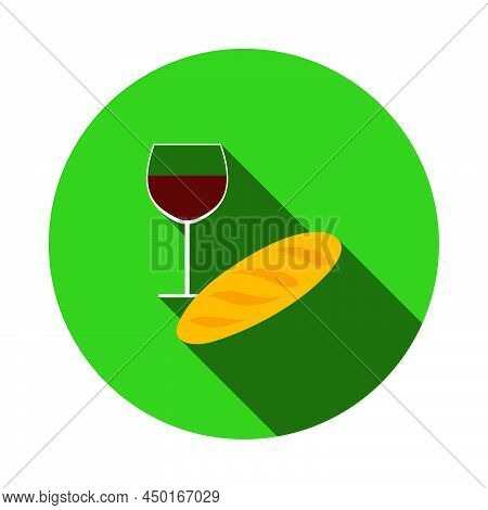 Easter Wine And Bread Icon. Flat Circle Stencil Design With Long Shadow. Vector Illustration.