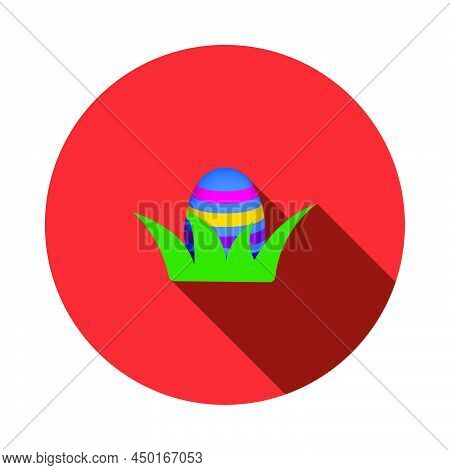 Easter Egg In Grass Icon. Flat Circle Stencil Design With Long Shadow. Vector Illustration.