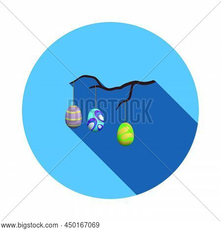 Easter Eggs Hanged On Tree Branch Icon. Flat Circle Stencil Design With Long Shadow. Vector Illustra
