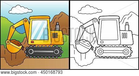 This Coloring Page Shows An Excavator. One Side Of This Vector Illustration Is Colored And Serves As