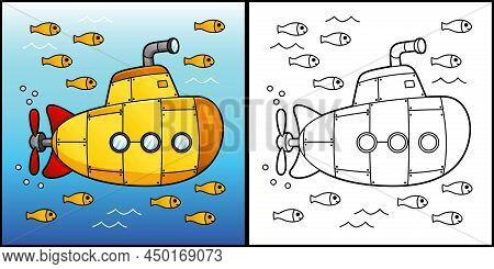 This Coloring Page Shows A Submarine. One Side Of This Vector Illustration Is Colored And Serves As 
