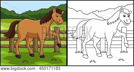 This Coloring Page Shows A Horse. One Side Of This Illustration Is Colored And Serves As An Inspirat