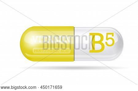 Vitamin B5 Capsule, Yellow-white Structure. 3d Vitamin Complex With Chemical Formula. Personal Care,