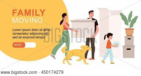Family Moving Horizontal Banner With Parents Their Daughter And Dog Relocating To New House Flat Vec