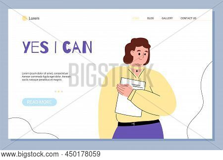 Website Layout With Chubby Overweight Businesswoman Flat Vector Illustration.