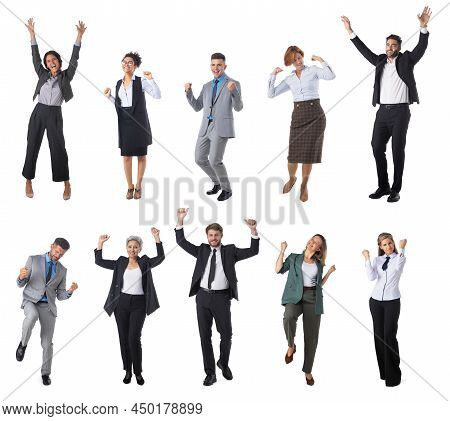 Business Prople Whith Hands Up Cheering Businesspeople Set Of Full Length Portraits Isolated On Whit