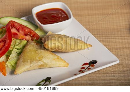 Vegetable Samosa Served With Sauces Ramadan Indian Food, Pakistani Food