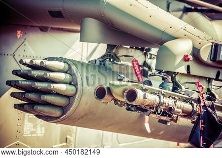 Sliac, Slovakia - August 29, 2015: A Winged Missile Under The Wing Of A Fighter. Rocket On Jet Fighe
