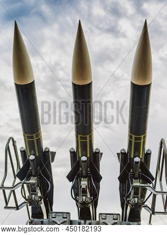 Three Balistic Military Rockets. Nuclear Missiles. War Conflict