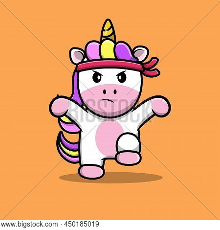Cute Unicorn Kungfu Cartoon Vector Icon Illustration. Animal Culture Icon Concept Isolated Premium V