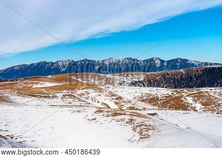 Mountain Range Of Monte Baldo (baldo Mount) In Winter View From Lessinia Plateau Regional Natural Pa