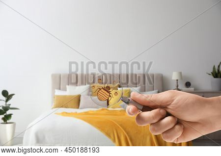 Woman With Magnifying Glass Detecting Bed Bugs In Bedroom, Closeup