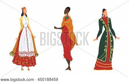 People In National Clothing Set. Women In Traditional Outfit Of Different Countries Cartoon Vector I
