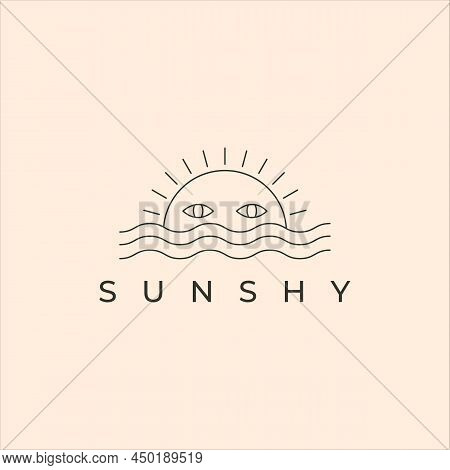 Sun Shy Line Art Icon Logo Vector Minimal Illustration Design, Sunset And Wave Logo Design