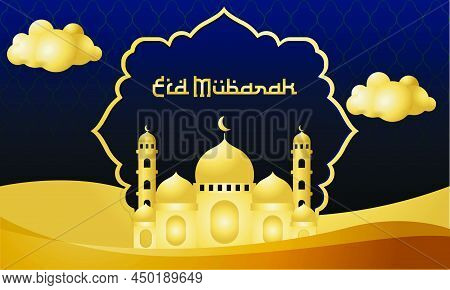Eid Mubarak Simple Elegant And Luxury Islamic Background With Mosque Gold Blue Navy