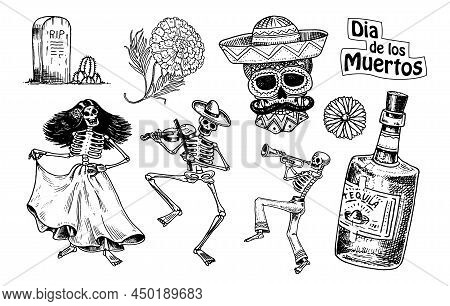 Day Of The Dead. Mexican National Holiday. Original Inscription In Spanish Dia De Los Muertos. Skele
