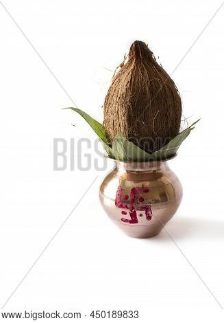 Kalash Pujan Indian Festival Akshaya Tritiya Decorative Kalash With Coconut And Leaf With Floral Dec