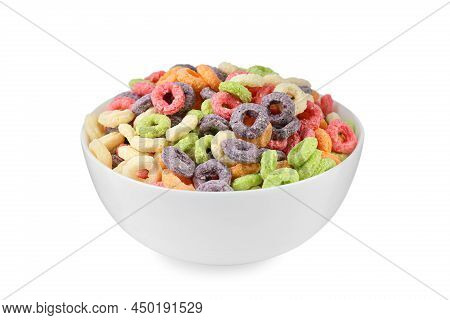 Bowl Of Colorful Crispy Corn Rings On White Background. Breakfast Cereal