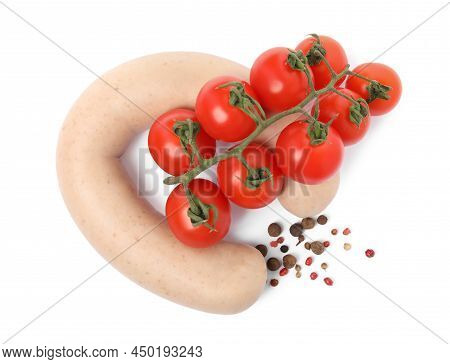 Delicious Liverwurst With Cherry Tomatoes And Spices On White Background, Top View