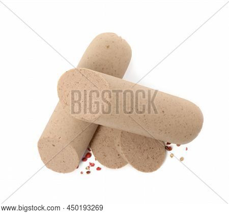 Delicious Liverwurst With Spices On White Background, Top View