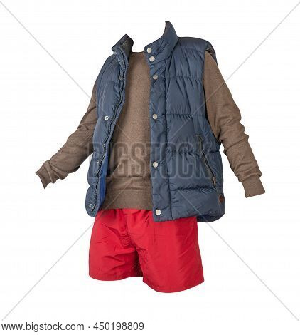 Dark Blue Sleeveless Jacket,brwon Sweater And Red Sports Shorts Isolated On White Background. Clothe