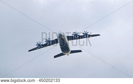 Kyiv, Ukraine - August 24, 2021: Antonov An-70 Plane In The Sky Over Kyiv During The Ukraine Indepen