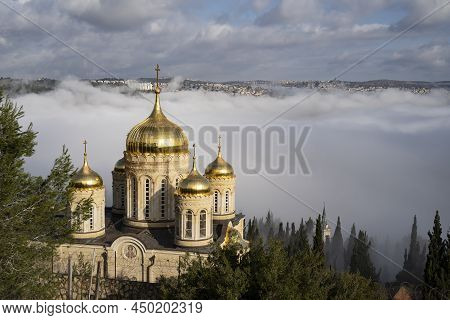 Jerusalem, Israel - February 11th, 2022: The Sunlit Moscovia Russian Orthodox Monastery Overlooking 