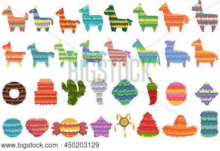 Mexican Pinata Icons Set Cartoon Vector. Animal Holiday. Ball Heart