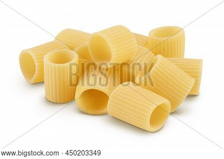 Raw Italian Pasta Isolated On White Background With Clipping Path . Mezze Maniche Rigate Bronze Die