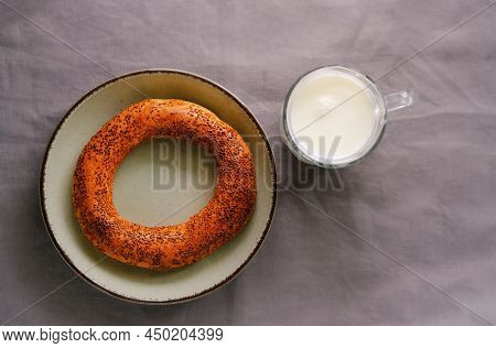 Traditional Turkish Bagel Pastry Simit , Gevrek And Fermented Beverage Ayran.