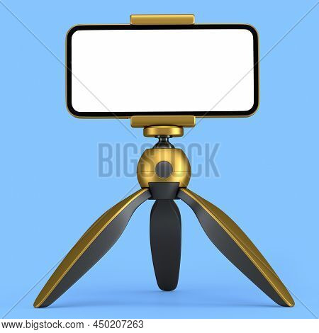 Realistic Smartphone With Blank White Screen On Gold Tripod Isolated On Blue Background. 3d Renderin