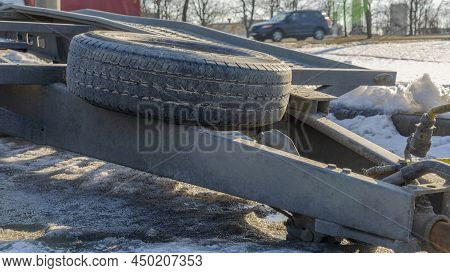 Open Car Trailer For Transportation Car For Sale And Evacuation Wrecked Car. Big Empty Open Platform