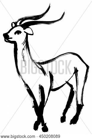 African Antelope Illustration Painted In Black Gouache Isolated On White Paper In Drybrush Technique