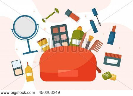 Cosmetic Bag With Different Skin Care Products. Moisturizer Cream, Cleansing Serum, Mirror, Lipstick