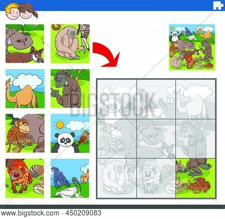 Cartoon Illustration Of Educational Jigsaw Puzzle Game For Children With Wild Animal Characters