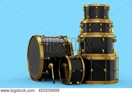 Set Of Realistic Drums Or Drumset On Blue Background. 3d Render Concept Of Musical Percussion Instru