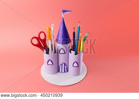 Easy Activity To Do, Purple Castle Toilet Paper Roll Craft For Kid And Kindergarten, Diy, Art Projec