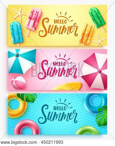 Summer Greeting Vector Set Design. Hello Summer Text Colorful Collection With Popsicle, Umbrella And