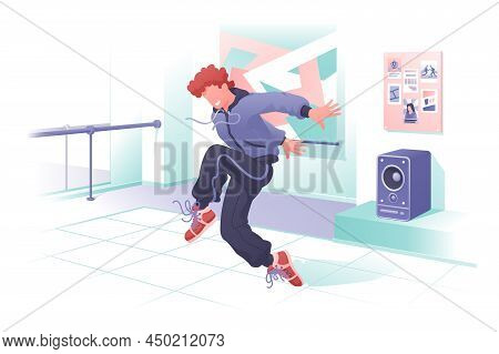 Smiling Guy Dancer Dancing In Hall, Party Time Vector Illustration. Hip-hop Dancer In Action Flat St