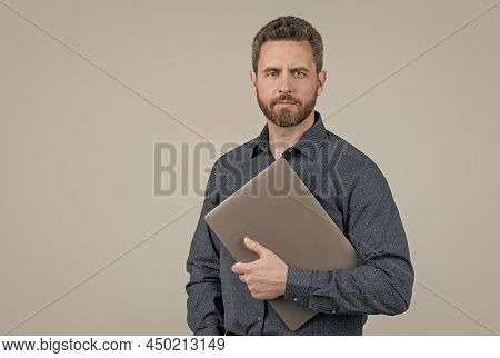 Virtually Connected. Unshaven Man Hold Laptop. Online Courses. Online Ccommunication