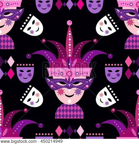 Carnival,  Mardi Gras. Festive Multicolor Rhomb Mask Seamless Pattern  Perfect For Invitation, Flyer