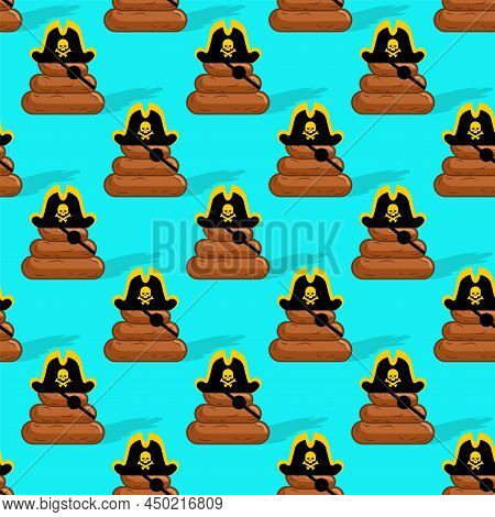 Shit Pirate Pattern Seamless. Filibuster Turd In Pirate Hat. Baby Fabric Ornament