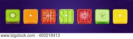 Game Ui App Icons, Square Food Buttons With Texture Of Kiwi, Orange, Tomato, Lime, Strawberry, Cucum