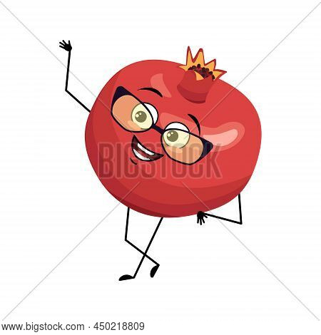 Pomegranate Character With Happy Emotion And Glasses, Joyful Face, Smile Eyes, Arms And Legs. Person